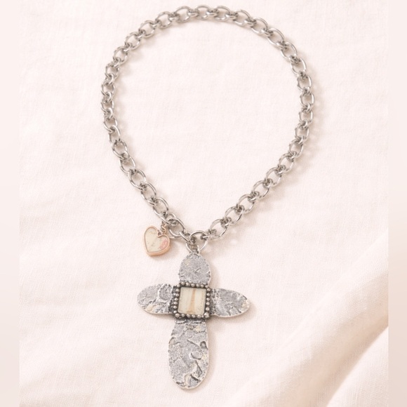 Crave Jewelry - Crave Silver-Tone Paris Cross Necklace with Heart Charm